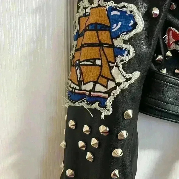 **Host Pick **ZARA BLACK REAL LEATHER BIKER JACKET WITH  STUDS AND PATCHES - Picture 8 of 17